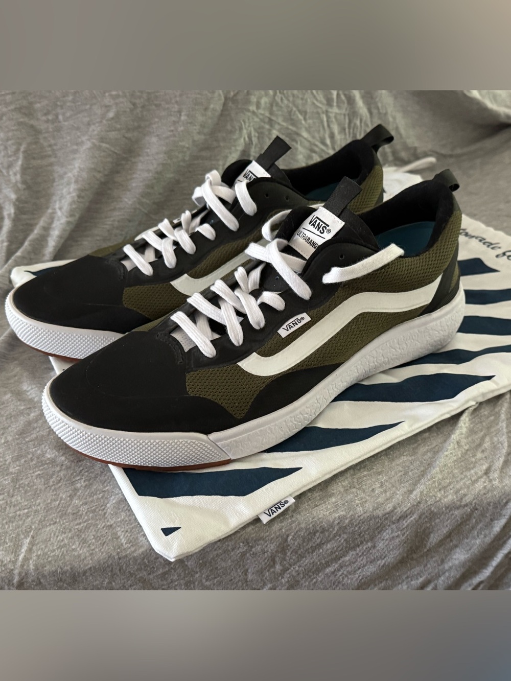 Vans Black and Olive Mesh Low-Top Sneakers with White Stripe